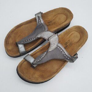 NAOT Antigua Cork Loop Slip On Sandal Metallic Silver Leather size 38 US 7